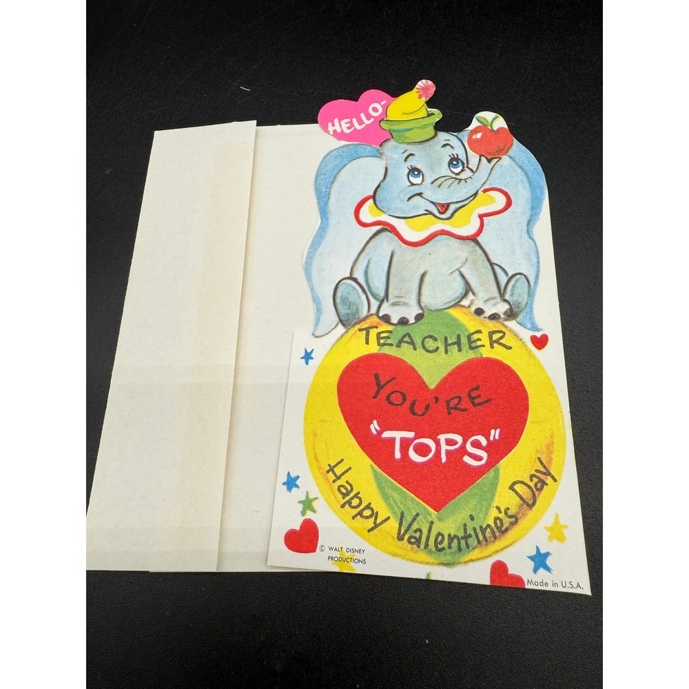 Vintage Walt Disney Valentine Card Dumbo Teacher Theme 1960s with‎ Envelope